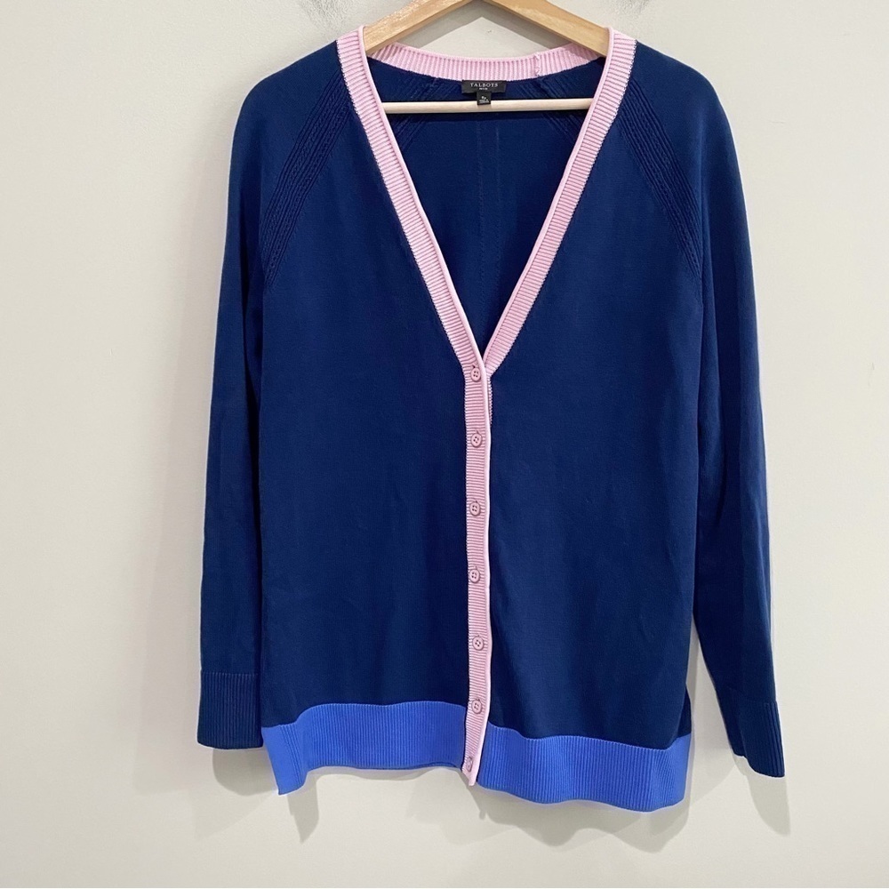 TALBOTS Girlfriend Cardigan Tipped Blue Pink Preppy Classic Size Small Petite